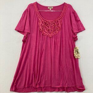 New One World Top size 2X Pink Embroidered Embellished Stretch Knit Relax Casual